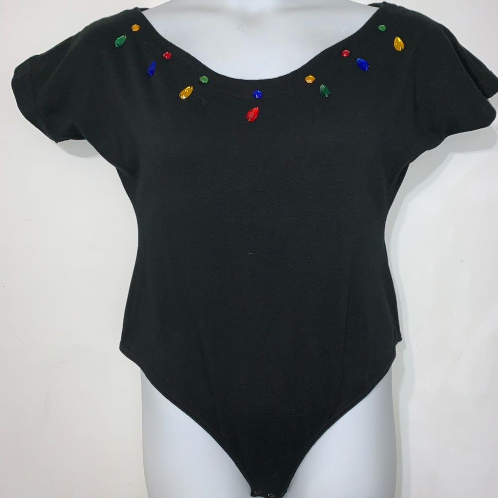 Vintage Starwear Black Body Suit With Rhinestones Size 20/40
